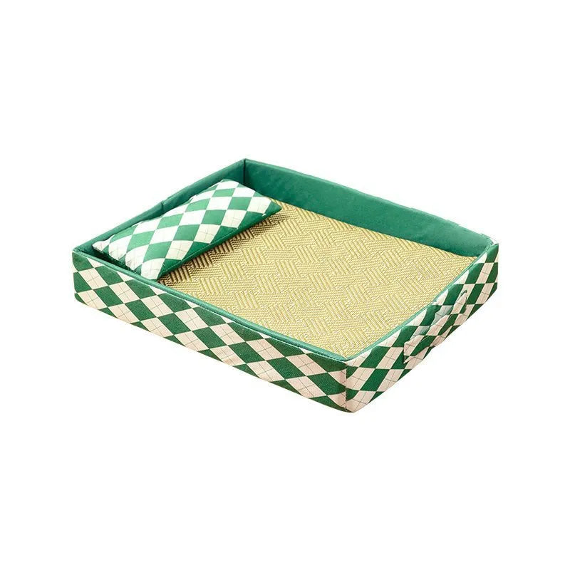 Blue rattan woven cat litter mat and pet bed placed on a wooden floor.
