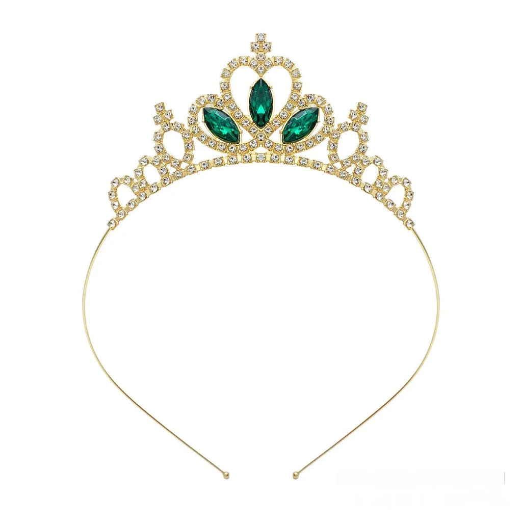 Gold tone alloy princess crown headdress with red coloured diamond accents for girls.