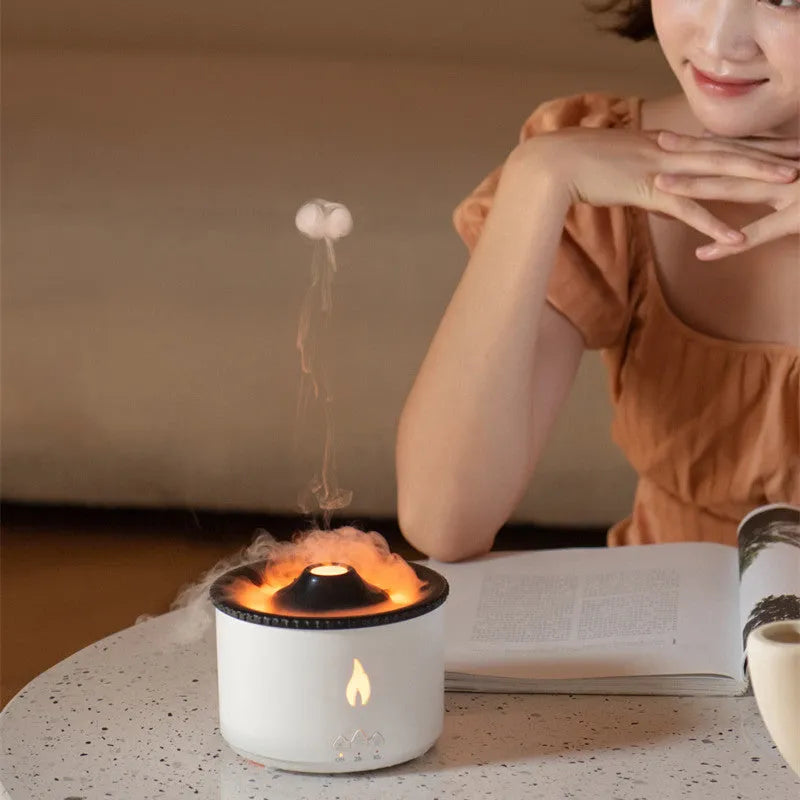 Two-colour spray ring volcano humidifier with aromatherapy, low noise 36dB, AC powered, plastic body, fire blue bicolor colour option