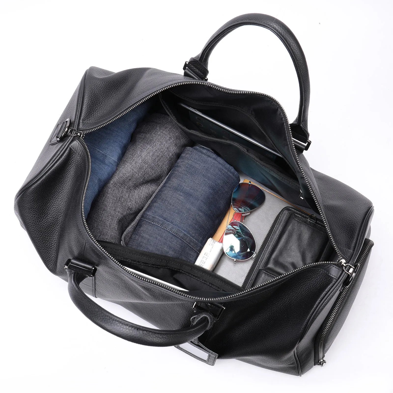 Men's leather excursion bag in black or coffee colour, 44cm or 55cm length with single strap
