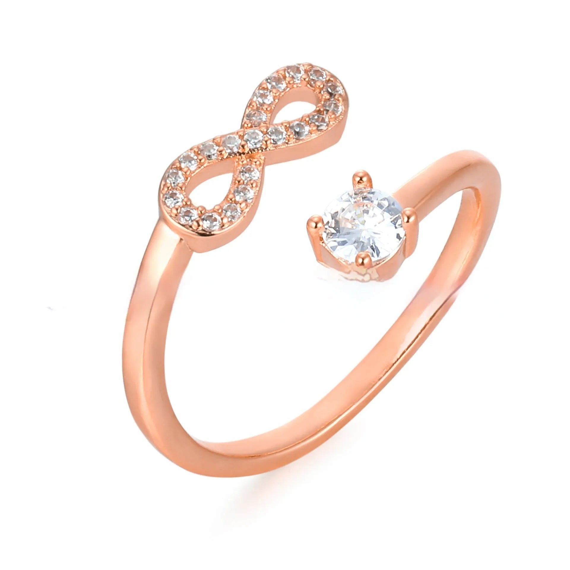 Geometric open design zircon ring with letter personalisation in gold, rose gold, or silver metal