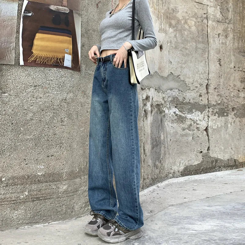 Women's retro blue high waist straight leg jeans in cotton denim showing front and back views