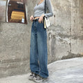 Women's retro blue high waist straight leg jeans in cotton denim showing front and back views