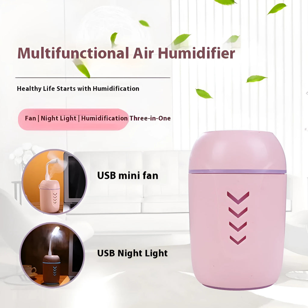 Round desktop air purifier with aromatherapy in blue, showing single fog outlet and USB cable