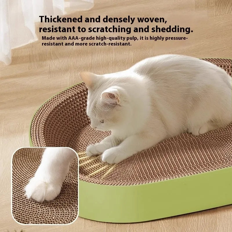 Green oval corrugated paper cat scratch board with integrated nest, 55cm diameter.