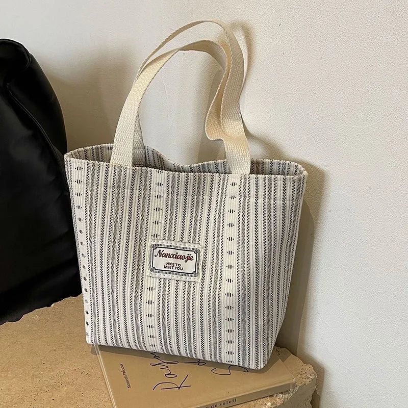 Japanese style corduroy handbag with adjustable strap in ivory white, grey, or dark brown colour