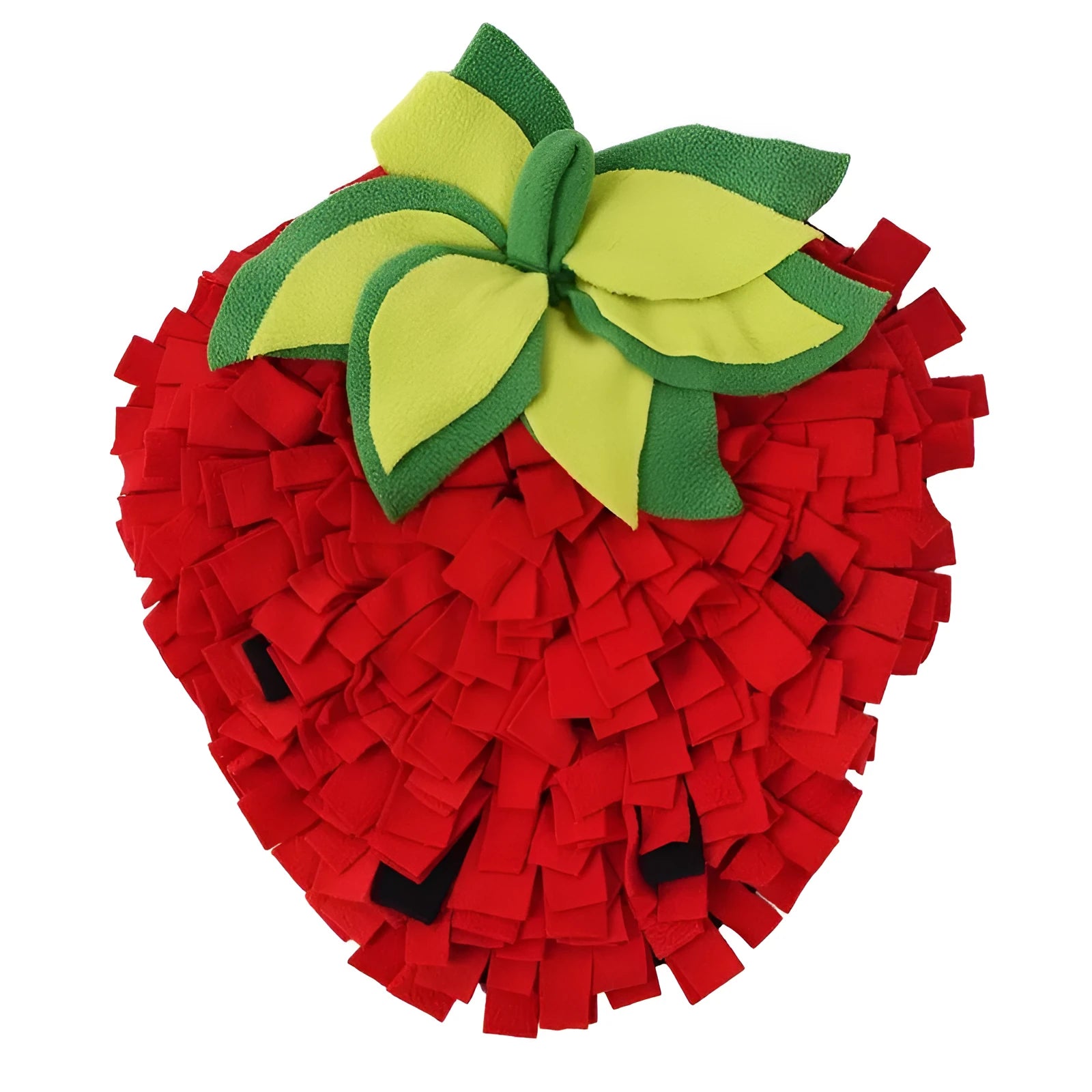 Red and green strawberry-shaped pet sniffing mat for dogs and cats on a wooden floor