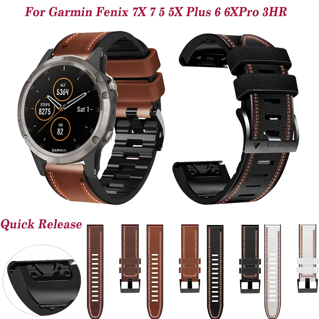 Silicone leather quick release watchband for Garmin Fenix 7X 6X 5X 7 6 5 in black 22mm or 26mm