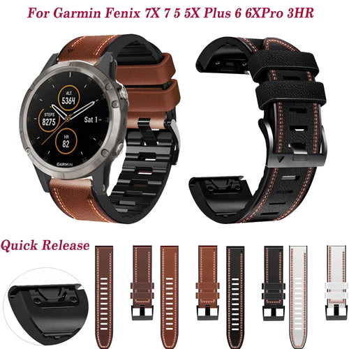 Silicone leather quick release watchband for Garmin Fenix 7X 6X 5X 7 6 5 in black 22mm or 26mm