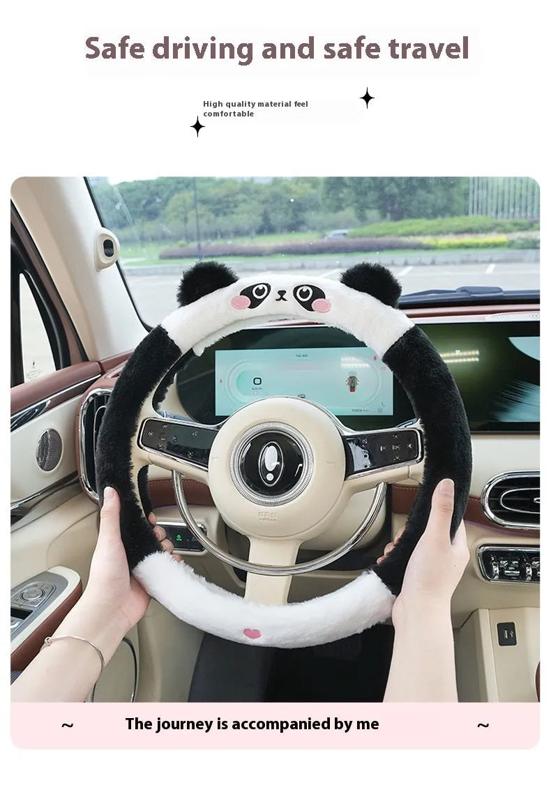 Plush steering wheel cover with cartoon embroidery for 38cm diameter wheels