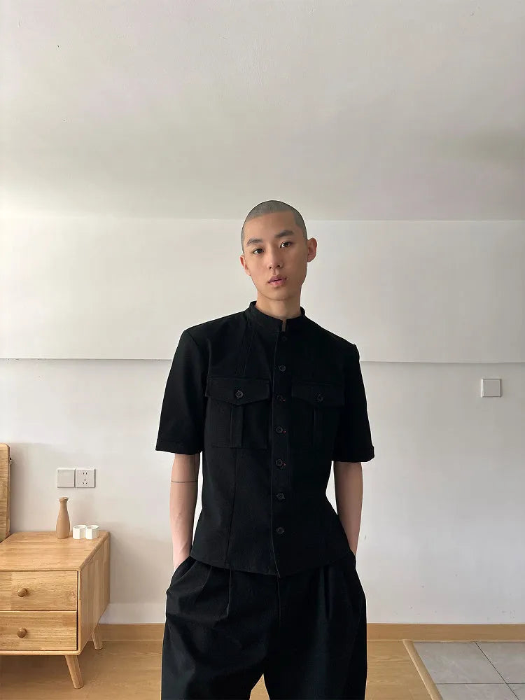 Black handmade hunting shirt with half sleeves, shirt collar, and single-breasted front