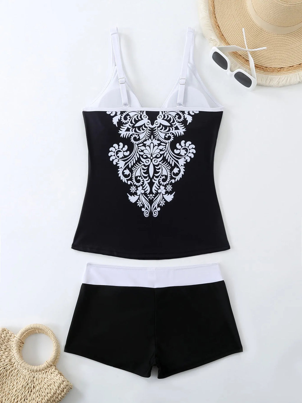 Women's plus size swimsuit briefs with printed split design and cotton lining