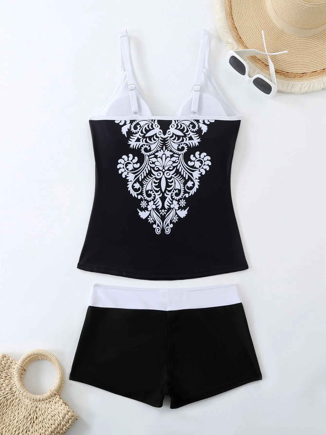 Women's plus size swimsuit briefs with printed split design and cotton lining