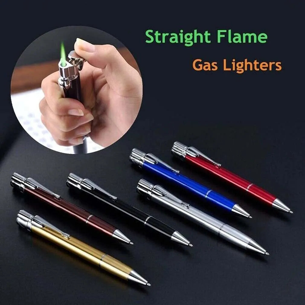 Creative metal signature pen lighter with windproof turbo jet flame in black, with pen clip and side press ignition