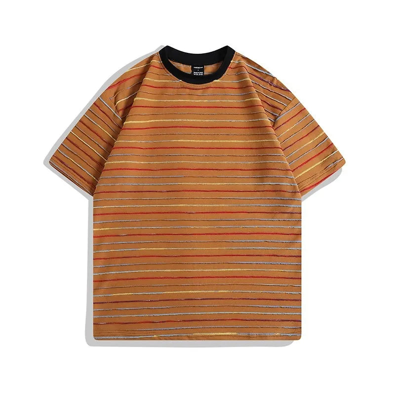 Man wearing a striped loose-fit half-sleeve t-shirt in apricot colour
