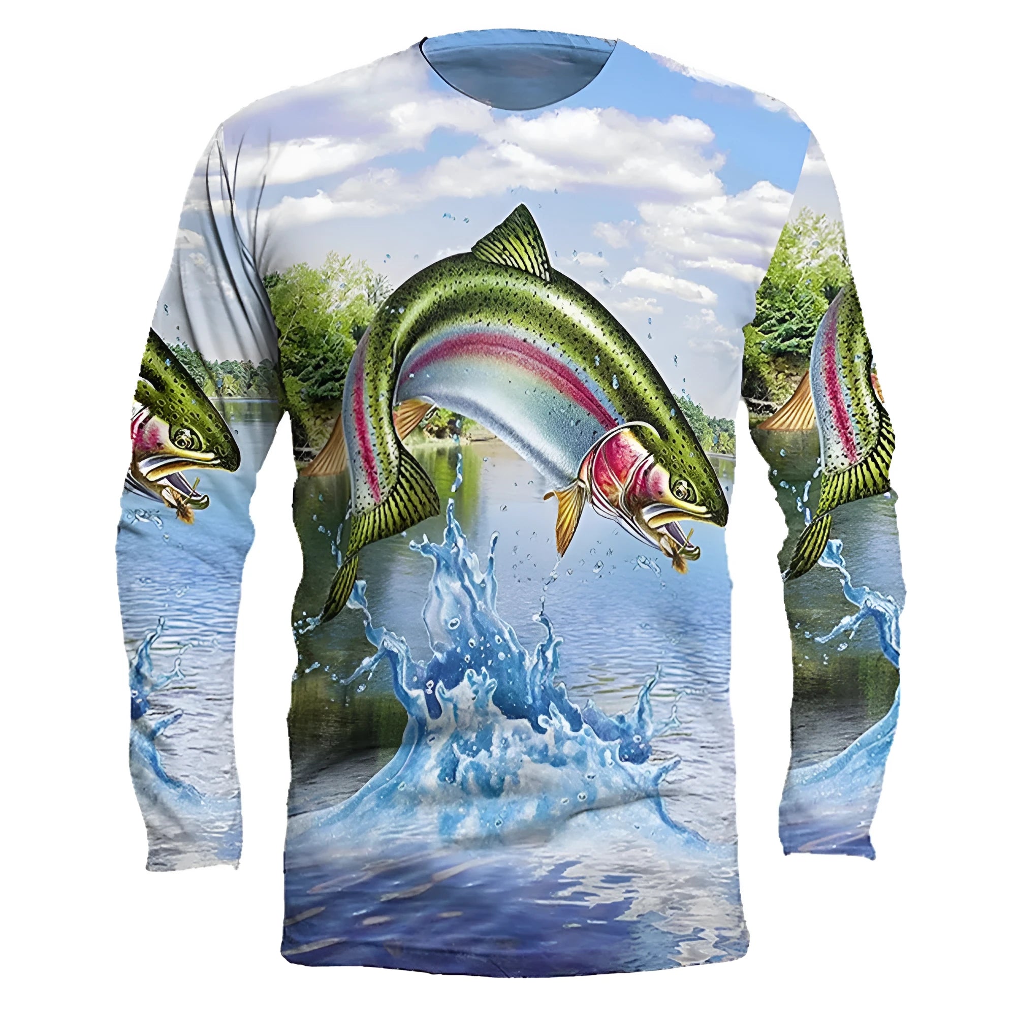 Man wearing a grey pullover with a colourful fish print graphic, long sleeves and a round neck.