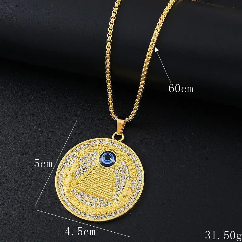 Geometric gold-coloured alloy pendant necklace with zircon stones