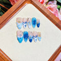 Blue hand-painted carved summer ice transparent fake nails plastic set with sizes XS S M L