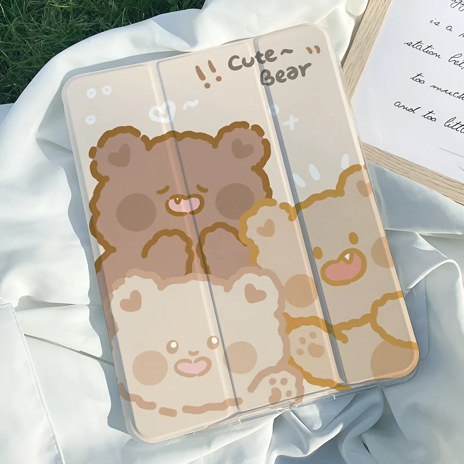 iPad silicone tri-fold protective case showing rabbit cartoon pattern design