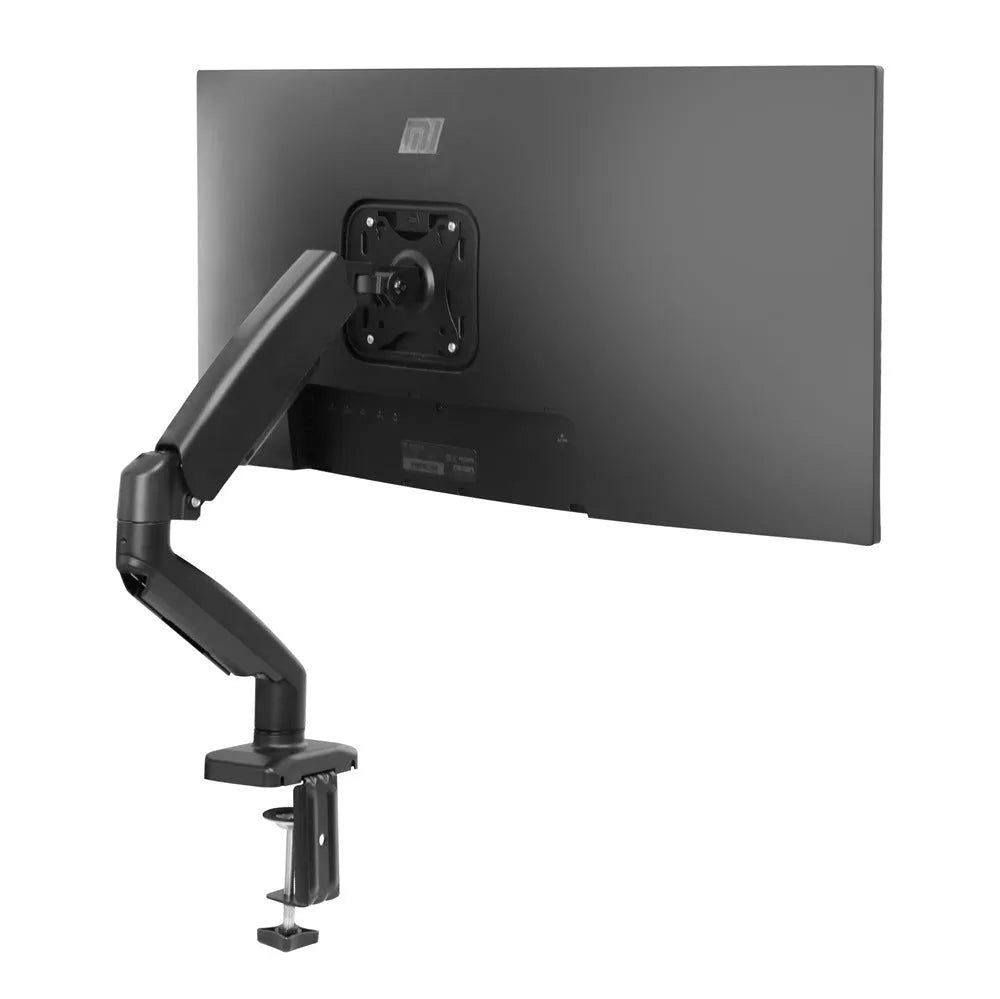 Black rotating telescopic LCD screen bracket on a desk showing height adjustment