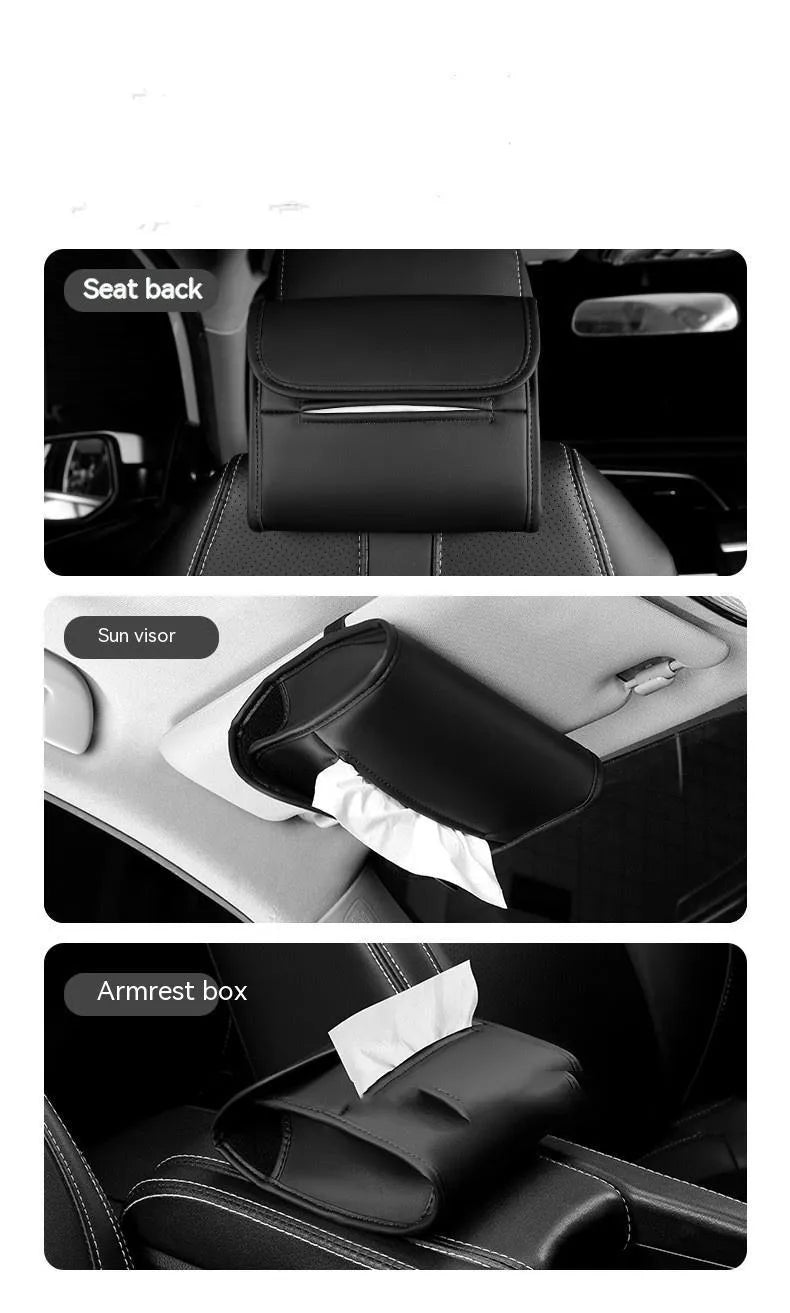 Leather car tissue box with elastic band mounting for sun visor or armrest
