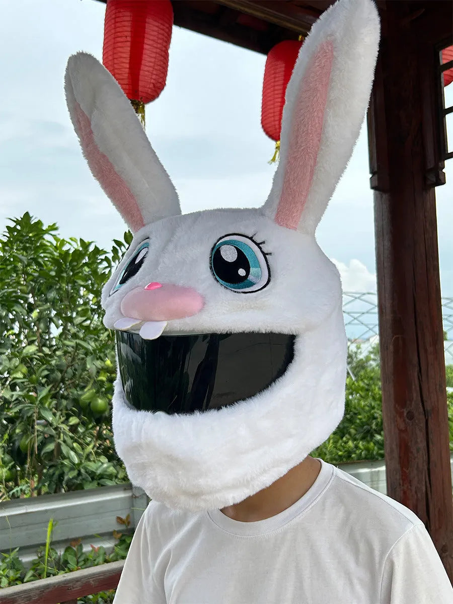 White rabbit head decorative helmet cover for electric motorcycles with long ears and plush material