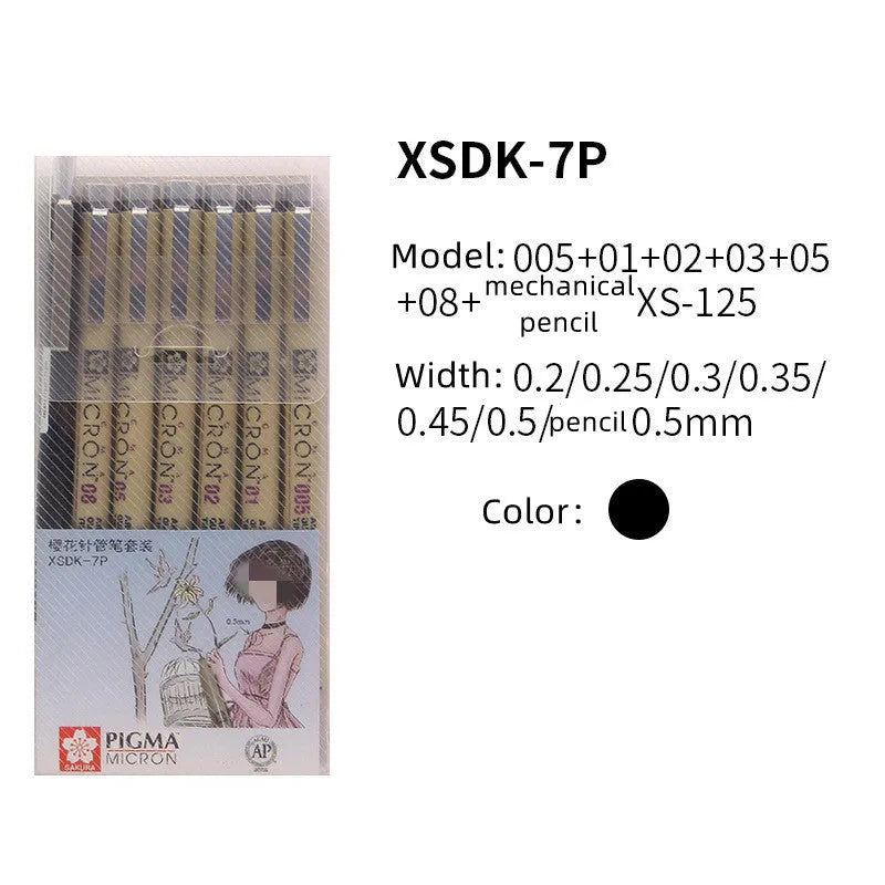 Pack of 7 Sakura Pigma Micron needle sketch pens with assorted nib sizes 0.2mm to 0.5mm