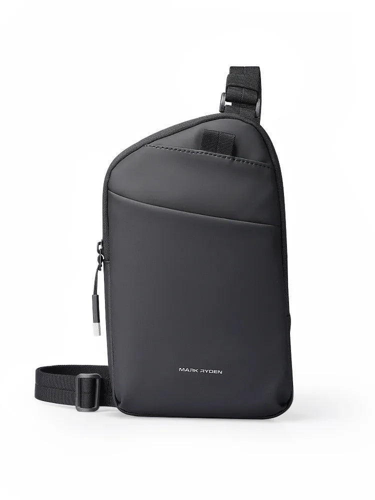 Men's elegant black Oxford cloth crossbody bag with sewing thread detailing