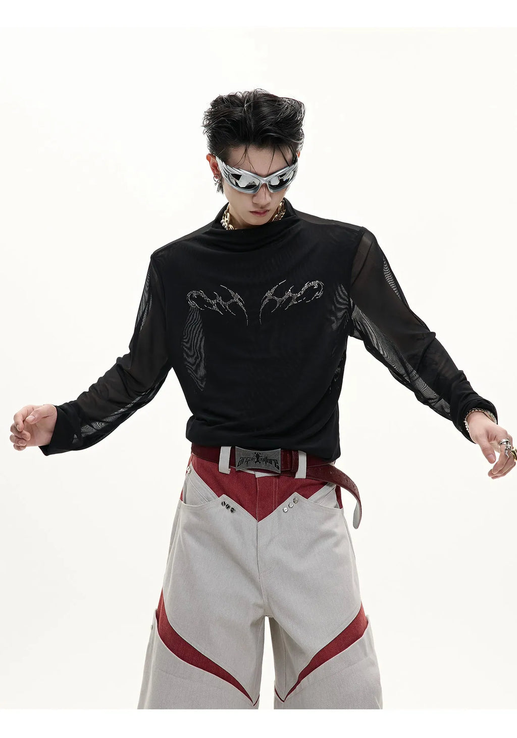 Black slim-fit long sleeve mesh shirt with a cooling ice-feel texture, shown on a model.