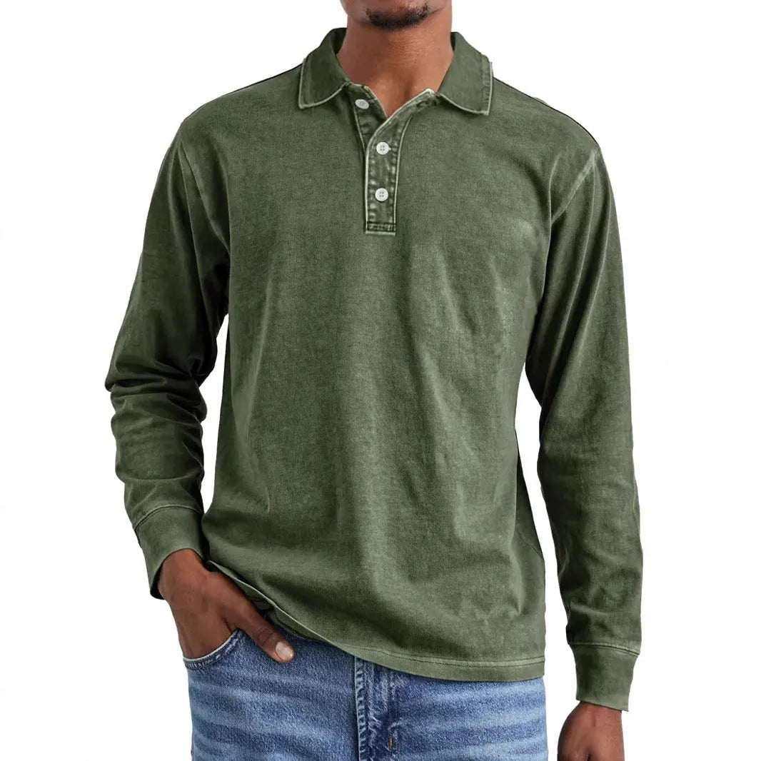 Men's retro washed distressed lapel polo shirt in pure cotton, shown in Army Green colour.
