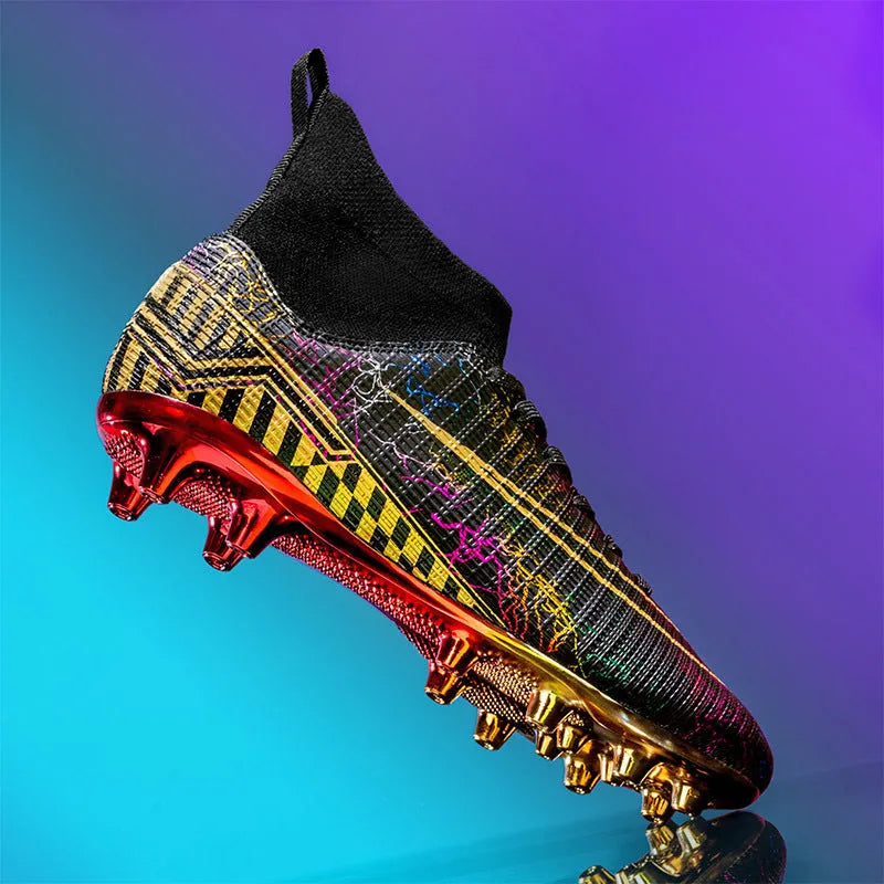 High-top soccer shoes with gold plated bottom, synthetic leather upper, in black colour, side view