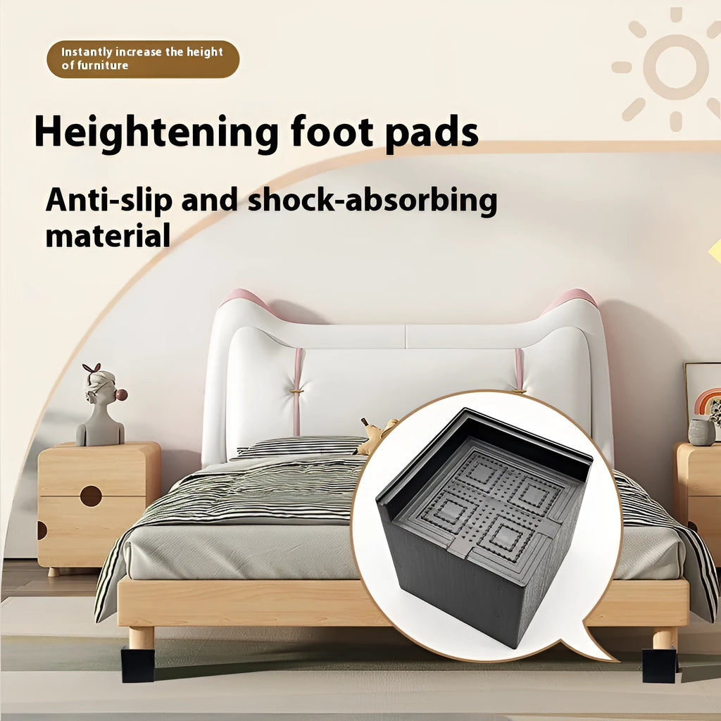 Four black thickened plastic bed foot mats for raising sofa and furniture height.