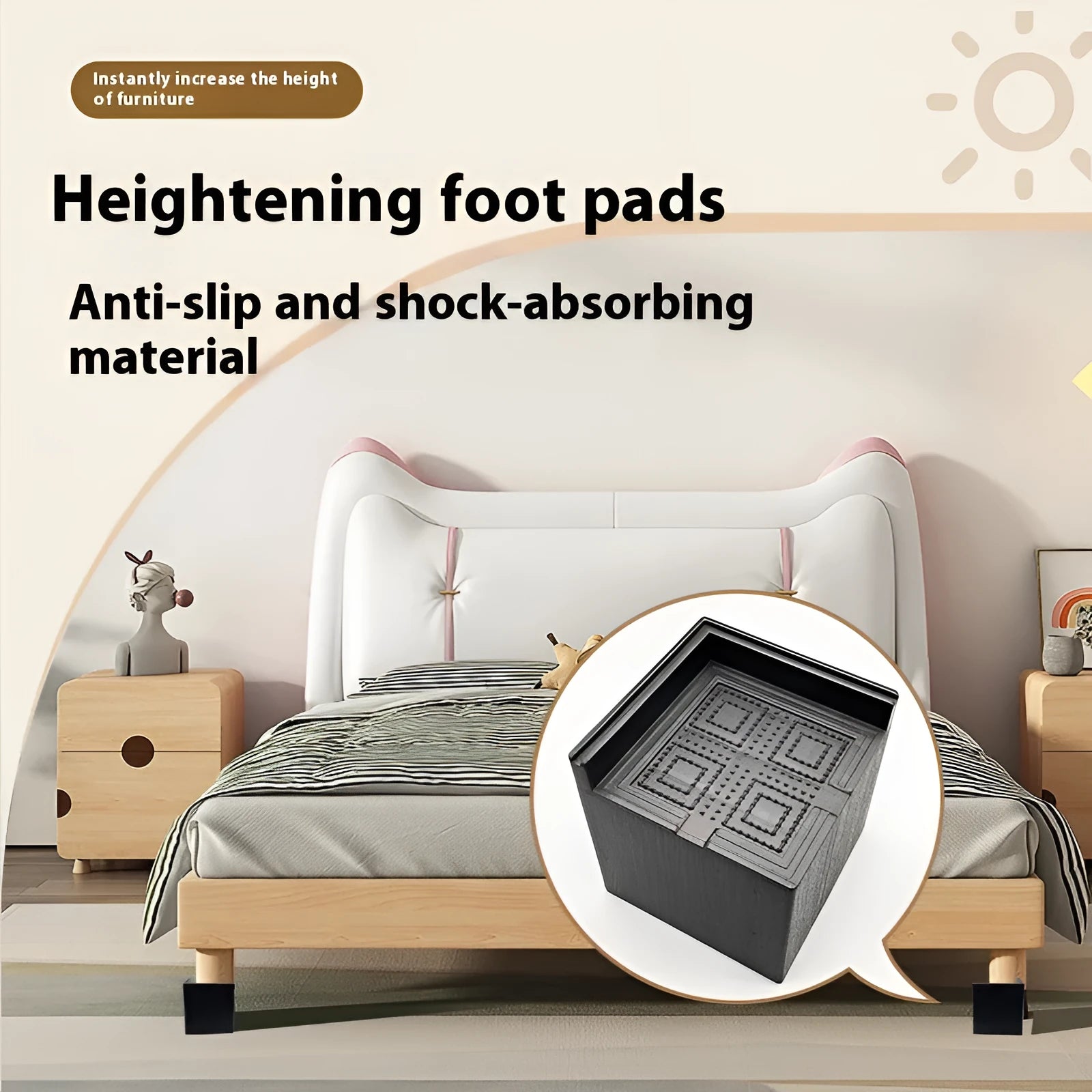 Four black thickened plastic bed foot mats for raising sofa and furniture height.
