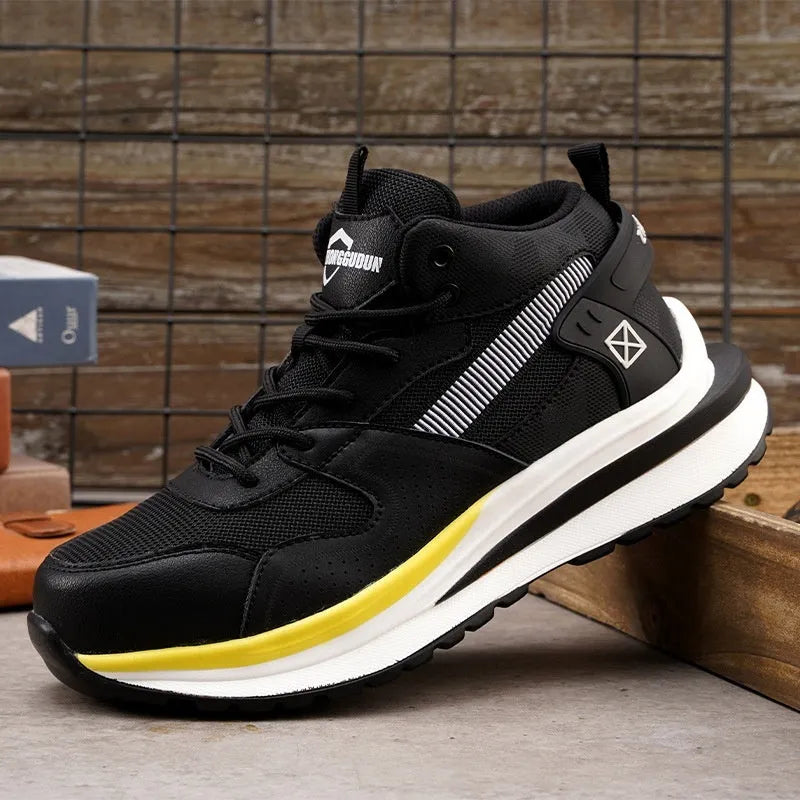Anti-smashing and anti-penetration labour protection shoes with steel toe cap in black low top flat knitted design