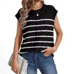Women's striped sleeveless pullover vest top in apricot colour on a hanger