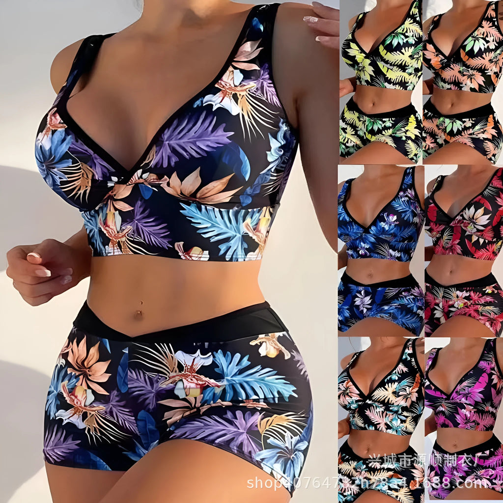 Women's printed boxer style two-piece swimsuit in multicolour pattern with sleeveless top