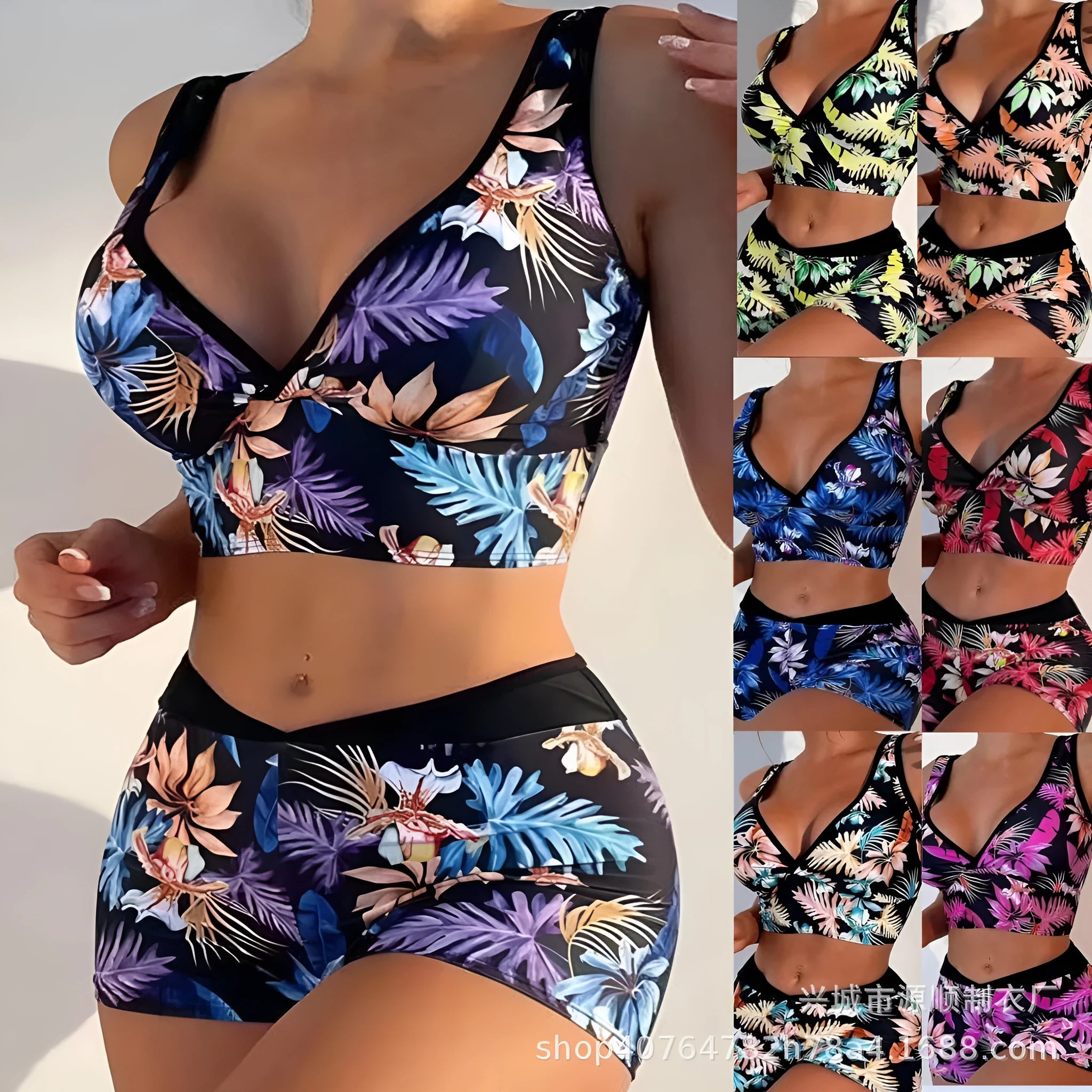 Women's printed boxer style two-piece swimsuit in multicolour pattern with sleeveless top