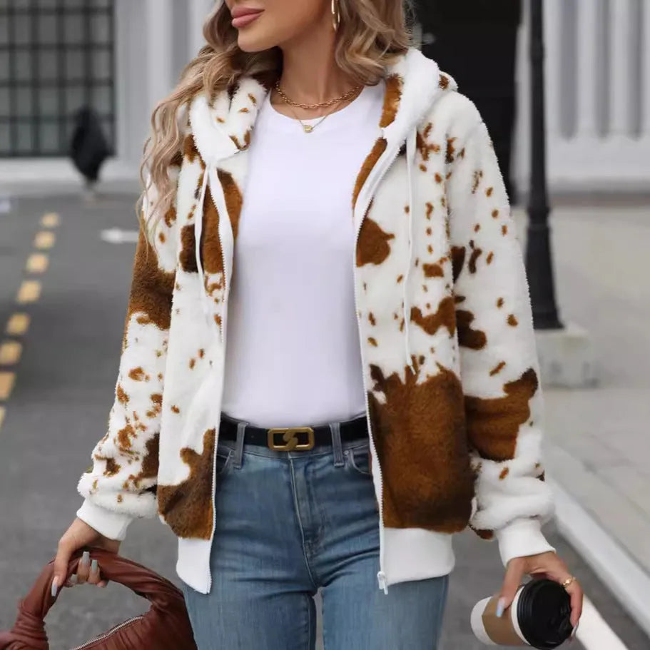 Men's yellow brown cow animal print hooded zip cardigan jacket