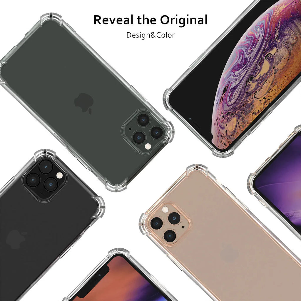 Clear TPU shockproof phone case for multiple Apple iPhone models showing transparent design