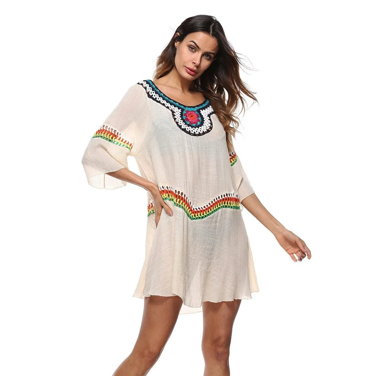 Crocheted ethnic style sun protection clothing for women in apricot, black, sapphire blue, or white.