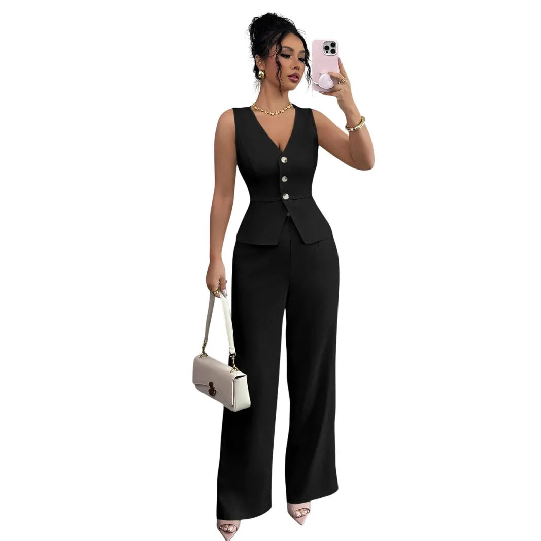 Women's sleeveless vest and high waist trousers two-piece set in solid colour polyester fabric