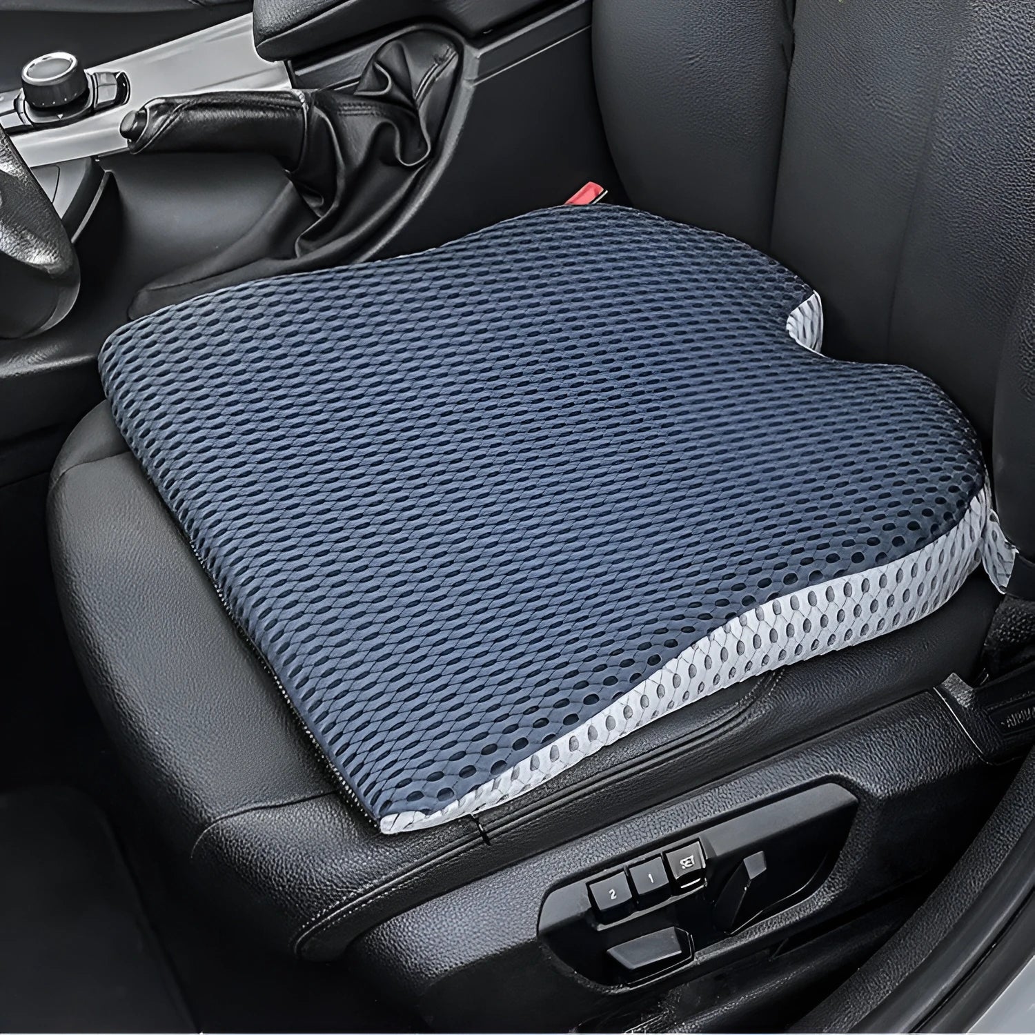 Memory foam seat cushion with an adjustable strap in black, grey, and creamy white colours.