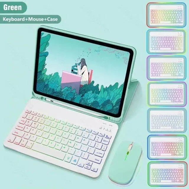 iPad protective case with luminous Bluetooth keyboard and leather sheath in black, featuring RGB three-color backlighting