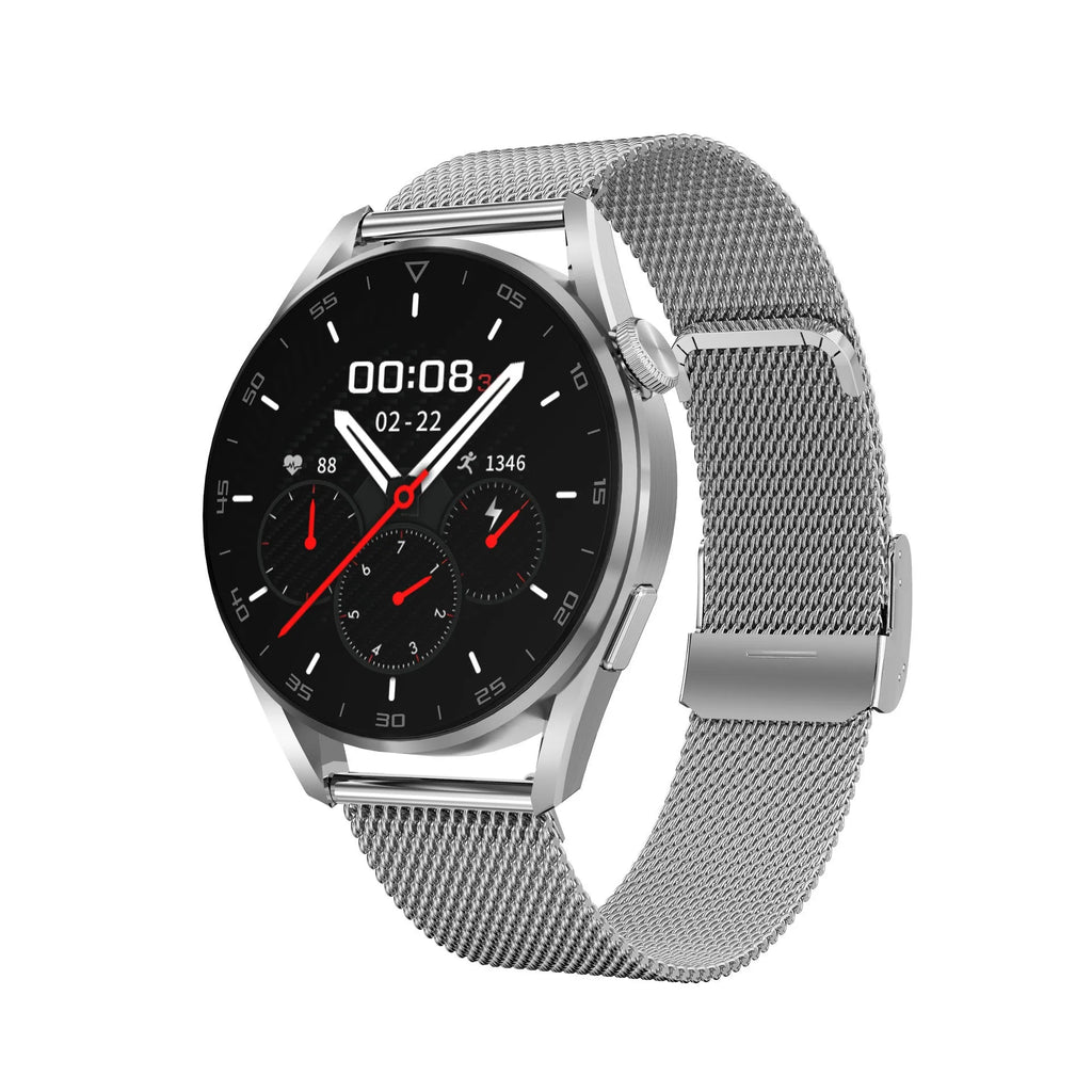 Bluetooth smart watch with metal wristband and 1.3 inch touch screen for calls and QR code scanning.
