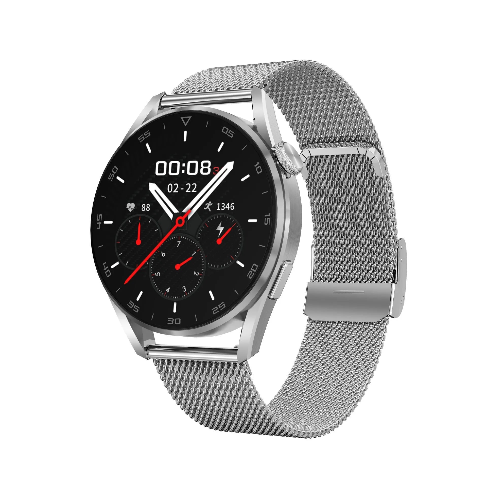 Bluetooth smart watch with metal wristband and 1.3 inch touch screen for calls and QR code scanning.