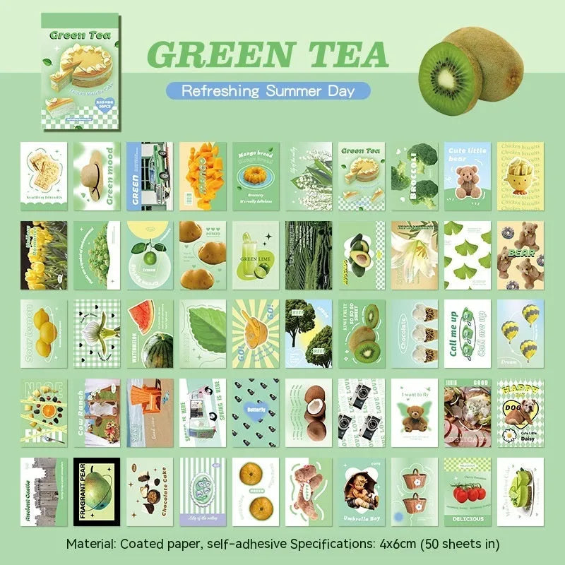 American retro cartoon sticker book with 50 sheets, each measuring 4x6cm, shown in multiple colour options.