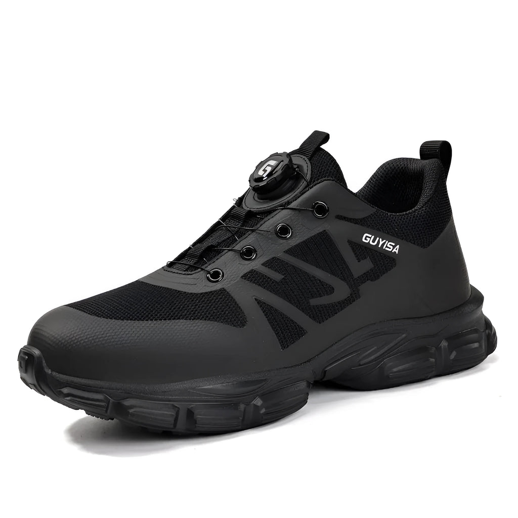 Lightweight safety shoes with black Flyknit upper, steel toe, and TPU outsole for anti-smash and anti-puncture protection