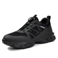 Lightweight safety shoes with black Flyknit upper, steel toe, and TPU outsole for anti-smash and anti-puncture protection