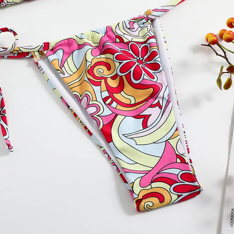 Triangle Printed Bikini for Women with Separate System and Hanging Neck Swimsuit, Polyester Fabric, Available in S M L, Multicolor Pattern for Beach and Pool Wear