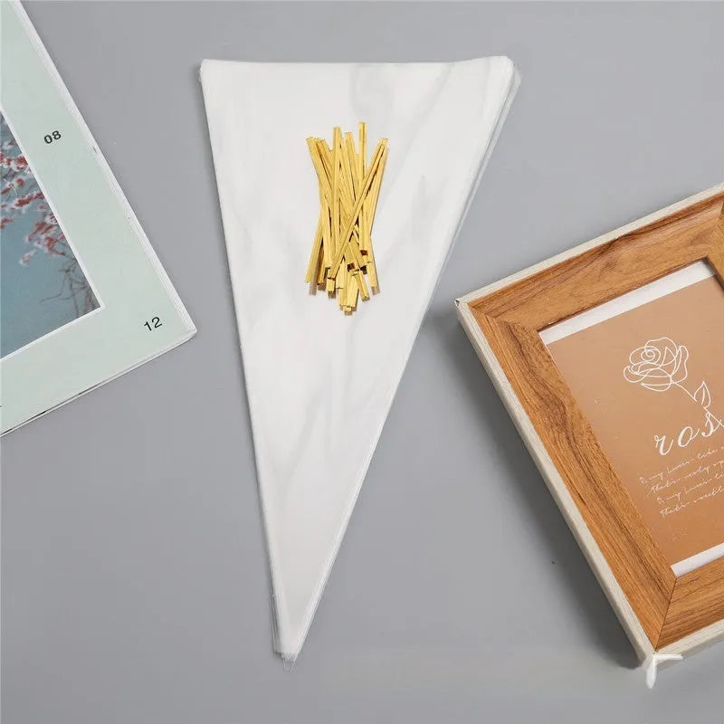 Transparent triangular OPP plastic bag with a silver tie wire closure